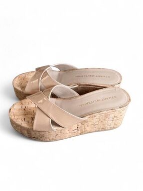 Stuart Weitzman Dayana Beige Patent Cork Wedge Slide
